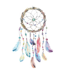 Dreamcatcher hand drawn bohemian watercolor illustration for ethnic, boho, native american indian design. Isolated on white background mystical handmade element with colorful beads and bird feathers