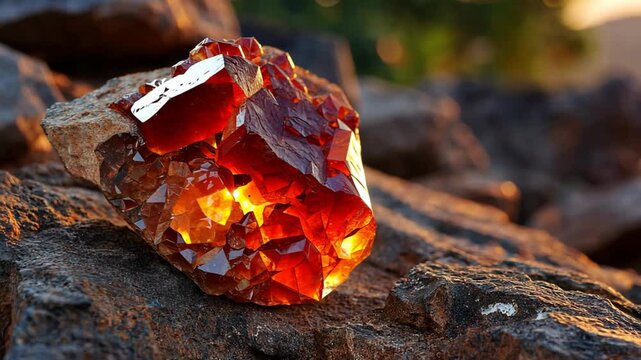 close up red garnet gemstone in rock ground natural landscape 