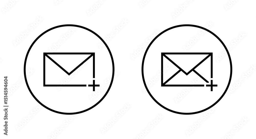 Poster add envelope message outline icon on circle line. email, mail with plus sign symbol