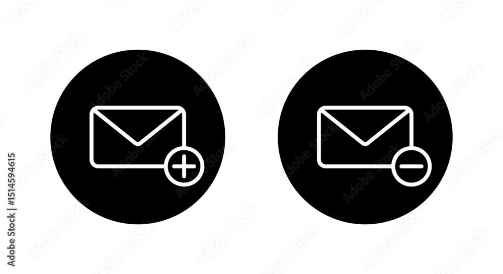 Poster add and remove message, email outline icon on black circle. create and delete envelope mail sign sym