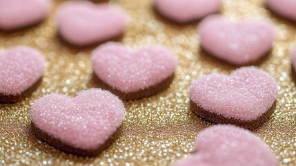 Fototapeta premium Pink Glitter Hearts on Gold Background Romantic Valentine's Day Treats