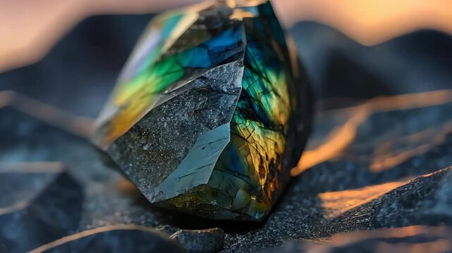 close up Labradorite  gemstone in rock ground natural landscape 