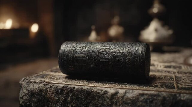 Ancient cylinder seal bears sumerian markings lost in time. Sumerian artifact used in ritualistic sealing of sacred objects. Sumerian symbols whisper forgotten truths in stone.