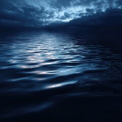 Black dark blue lake water surface abstract background. Reflection of sky and white clouds. Abstract. Ripples. Night evening. Dramatic cloudy. Design. Wide banner. Panoramic.