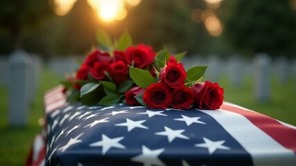 Red roses on a flag draped coffin, cemetery, remembrance