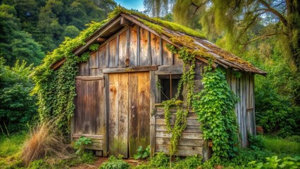 Rustic Wooden Shed Overgrown with Lush Greenery in a Serene Forest Setting