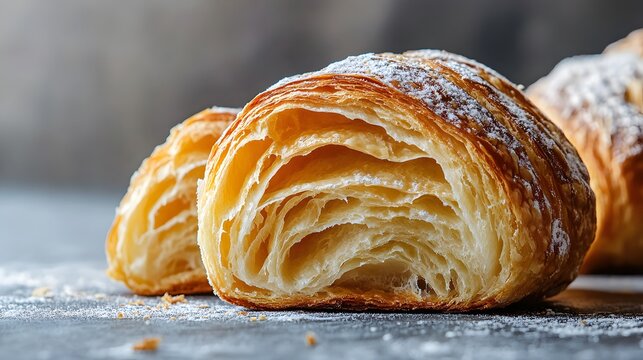 A croissant with flaky texture, isolated on a neutral surface, no text or logo - Powered by Adobe