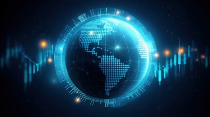 In-depth concept and  investment report financial information. Digital globe with glowing data, financial graphs, and a futuristic technology theme on a dark background.