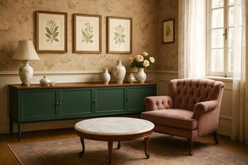 Vintage Floral Living Room – Elegant Tufted Chair and Botanical Wall Art