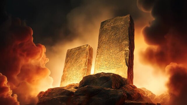  Ten Commandments stone tablets, carved with bold, powerful inscriptions with light glow and black cloud drifting around