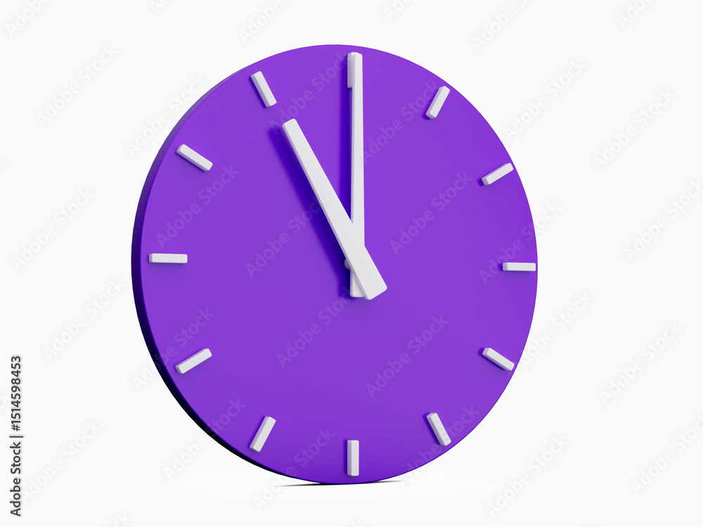 Poster minimal abstract 3d rendering purple wall clock on white background . time is o'clock or twelve 11 o