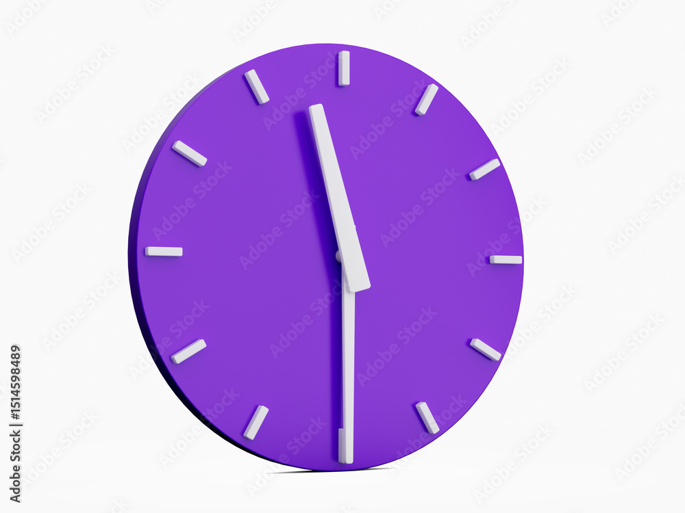 Poster minimal abstract 3d rendering purple wall clock on white background . time is 11:30 clock or half pa