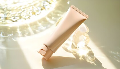 Cream tube with a soft finish placed before glass. Minimal and fashionable studio composition
