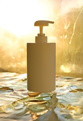 Hand soap dispenser  set in front of ribbed glass in a minimalist studio. Professional and chic look.