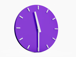 Minimal abstract 3d rendering purple wall clock on white background . Time is 11:30 clock or half past eleven. 3d Illustration.