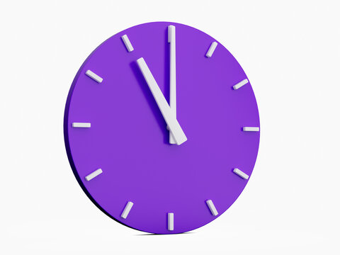 Minimal abstract 3d rendering purple wall clock on white background . Time is o'clock or twelve 11 o clock. 3d Illustration.