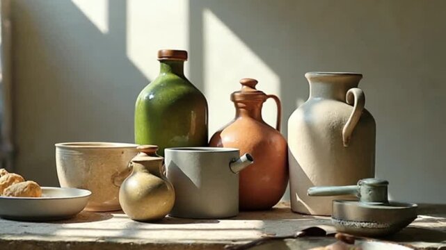 Sunlit Still Life A Collection of Earthenware and Glass Vessels