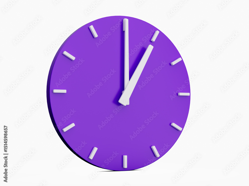 Poster minimal abstract 3d rendering purple wall clock on white background . time is 1 o'clock - 3d illustr