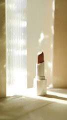 Lipstick with a sleek case placed in front of ribbed glass. Minimalist and fashionable studio composition