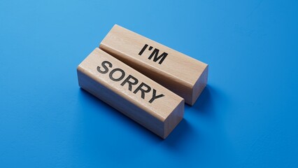 3D illustration of "I'M SORRY" in English, using a heartfelt font. It symbolizes sincere remorse and apology.blue Cut Out Paper.3D rendering on blue background.