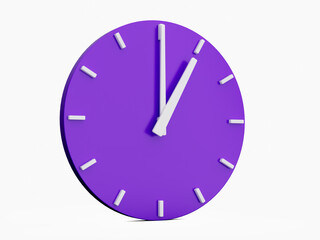 Minimal abstract 3d rendering purple wall clock on white background . Time is 1 o'clock - 3d...