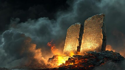  Ten Commandments stone tablets, carved with bold, powerful inscriptions with light glow and black cloud drifting around