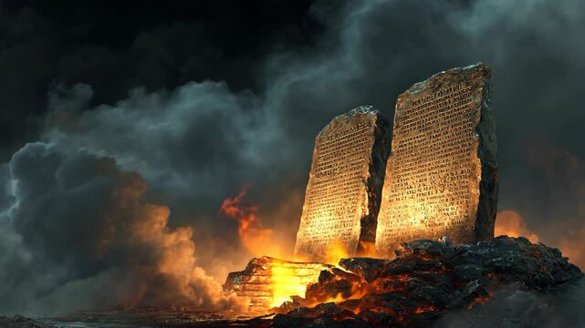  Ten Commandments stone tablets, carved with bold, powerful inscriptions with light glow and black cloud drifting around
