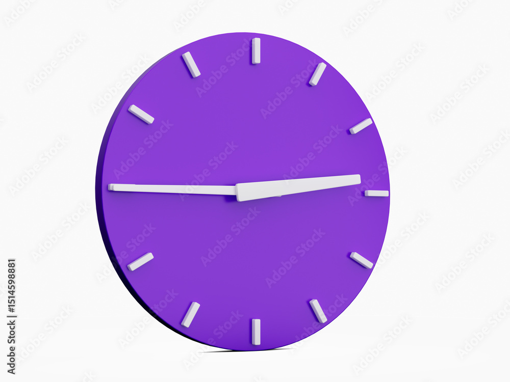 Poster minimal abstract 3d rendering purple wall clock on white background . time is 2:45 o'clock. 3d illus