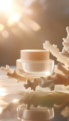 Glass cosmetic cream jar placed on dry coral. Fashionable skincare product mockup in a professional studio setting. Minimalist and stylish composition