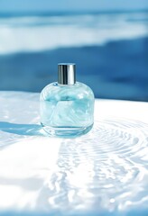 Glass bottle with blue perfume placed in front of ocean waves. Fashionable fragrance product mockup in a professional studio setting. Minimalist and stylish composition