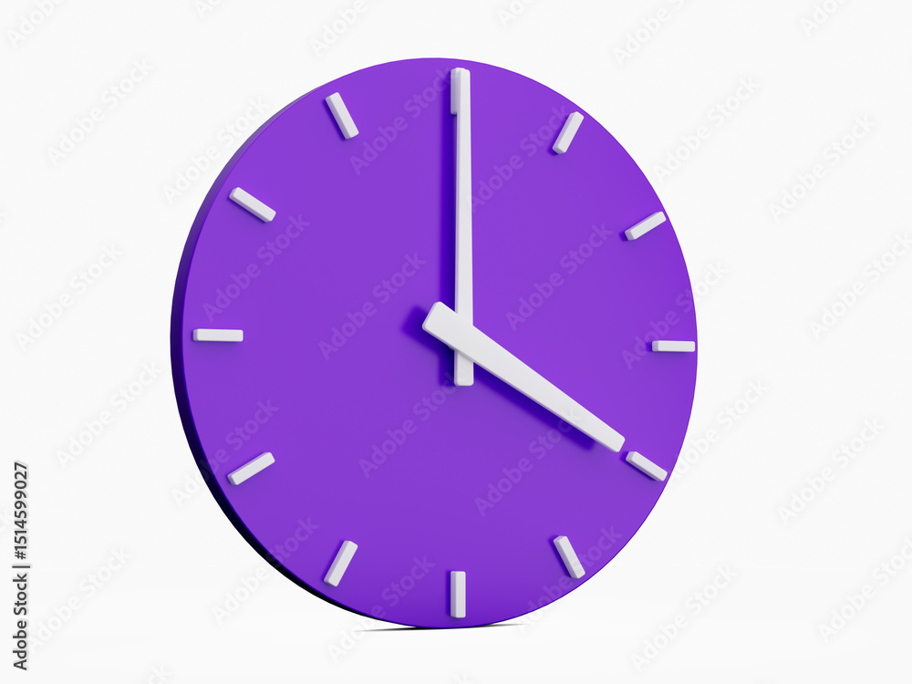 Poster minimal abstract 3d rendering purple wall clock on white background . time is 4 o'clock. 3d illustra
