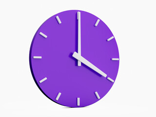 Minimal abstract 3d rendering purple wall clock on white background . Time is 4 o'clock. 3d Illustration.