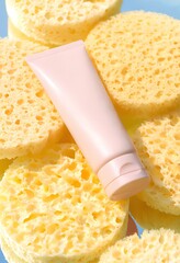 Pinkish cosmetic tube with sponges in the background. Fashionable skincare product mockup in a professional studio setting. Minimalist and stylish composition