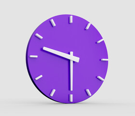 Purple classic wall clock on gray background with shadow. Elegant design. 9:30 time. 3d illustration.