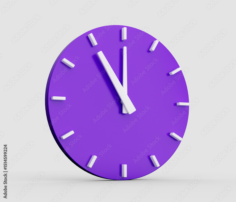 Poster minimal abstract 3d rendering purple wall clock on white background . time is o'clock or twelve 11 o