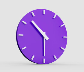 Purple classic wall clock on gray background with shadow. Elegant design. 10:30 time. 3d illustration.