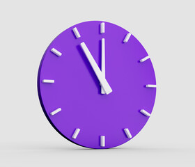 Minimal abstract 3d rendering purple wall clock on white background . Time is o'clock or twelve 11 o clock. 3d Illustration.