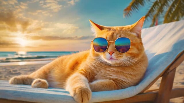 Fat orange cat wearing sunglasses laying on a sunbed at the beach. Ginger tomcat boss summer holiday resting seaside on a tropical resort