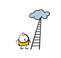 Funny cartoon character looks at the sky. Vector illustration of a stickman and a ladder to success in the clouds. The boy dreams of heaven.