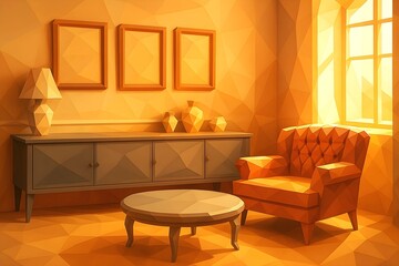 Polygonal Interior Design – Warm Retro Lounge with Geometric Low-Poly Aesthetic