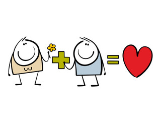 Funny math, cartoon bride and groom. Vector illustration of the formula of love. Flowers and romantic relationships.