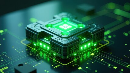 Green computer chip with a green background. The chip is surrounded by a green border