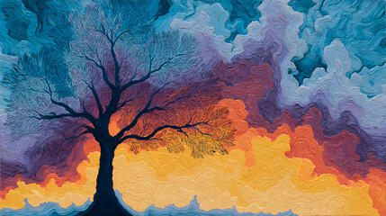 Fototapeta premium album cover for folk fusion artist | sacred transformation | spiritual awakening | sunset gradients | fluid asymmetry | symbolic trees | tactile brush buildup | mythic icon layering | contemporary