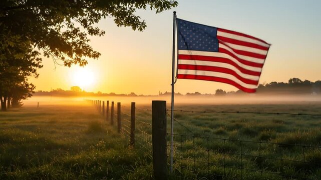 American flag at sunrise in a rural landscape