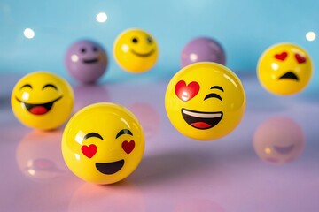 Fototapeta premium World Emoji Day Glossy 3D Emoji Balls Floating Over Gradient Background