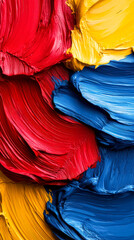A close-up of colorful oil paint textures on a canvas, featuring bold strokes of red, blue, and yellow, with rich detail and dynamic composition