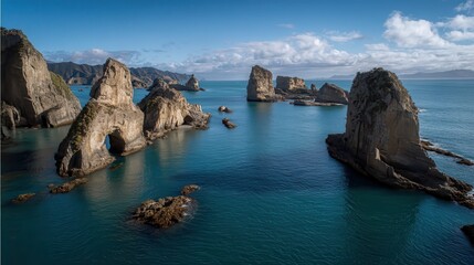 Fototapeta premium A wide shot of dramatic coastal rock formations in a calm body of water. Several large, light brown and tan rocky outcrops, some with archways, are scattered across a body of deep.