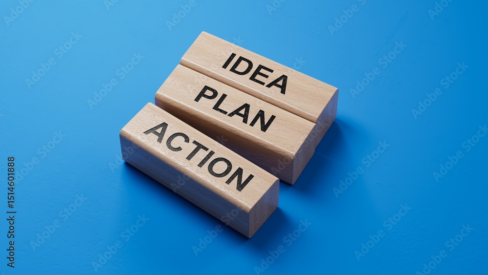 Poster idea plan action symbol. wooden blocks with words idea plan action.business and idea plan action con
