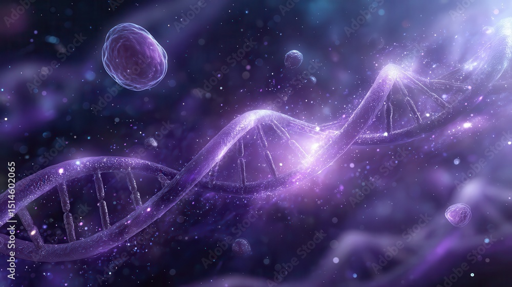 Poster 3d purple dna with a futuristic background, next to it is a cell, and in the upper left corner there