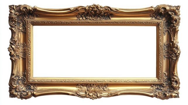 Vintage gold horizontal frame, rectangular border template with   15.5x8.5 aspect ratio for web, presentation, video thumbnail, 16x9 work project, png isolate on white background